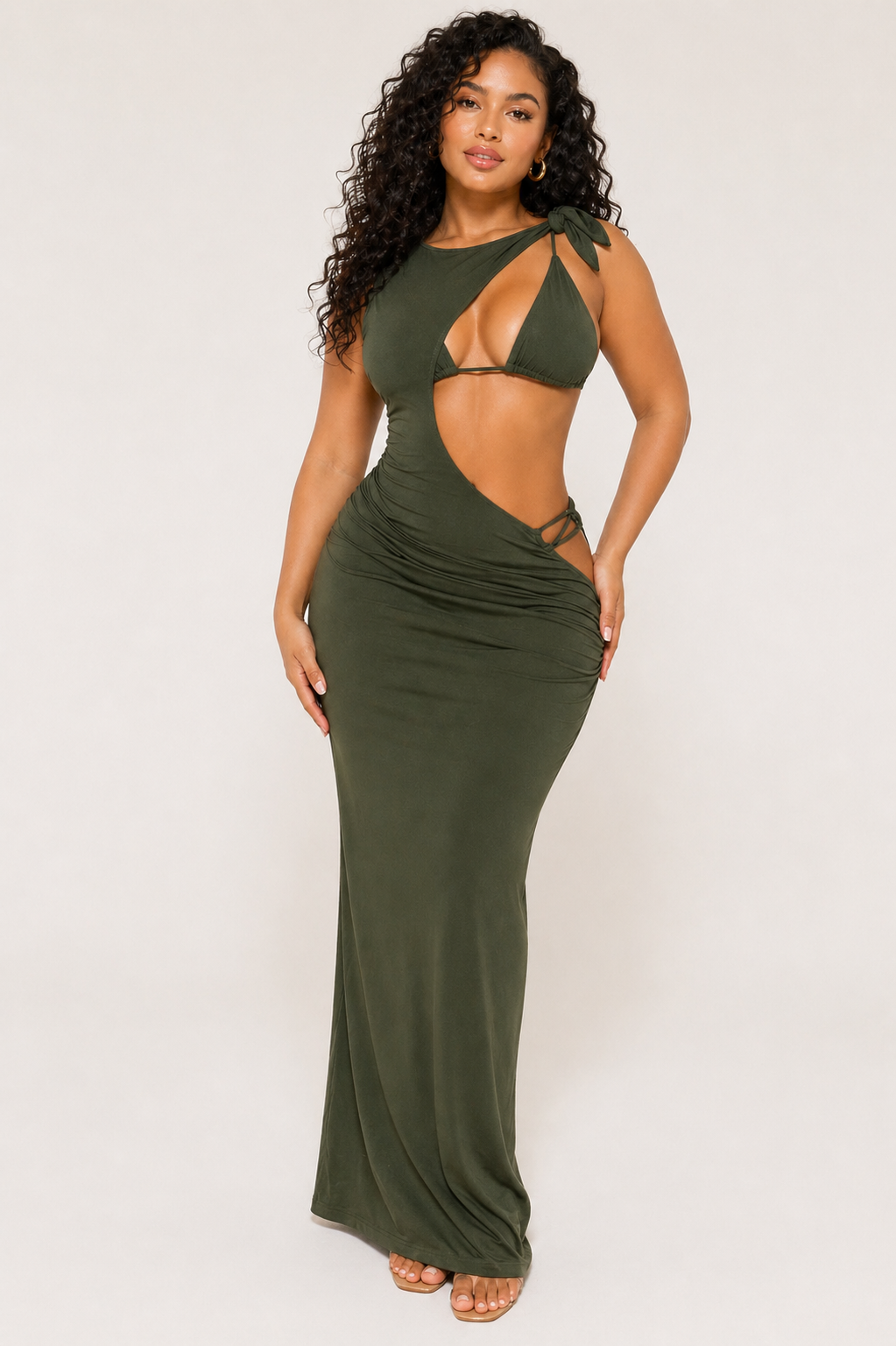 Olive Muse Cutout Maxi Dress with olive bikini